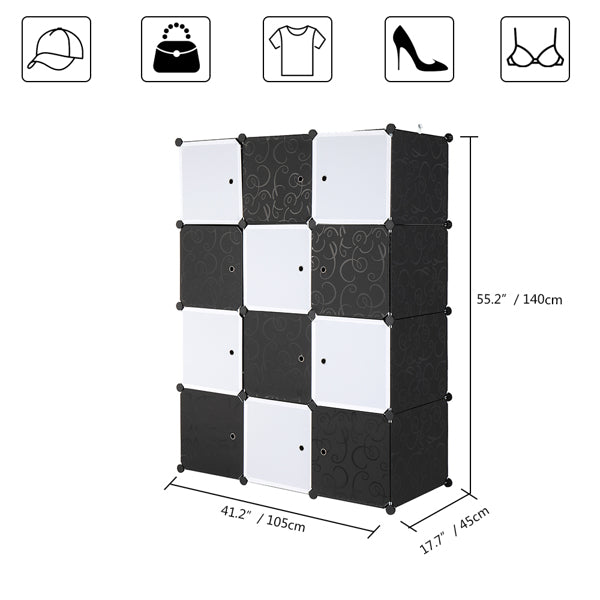 4-Layer 12-Cell Black And White Cube Wardrobe With 2 Clothes Rails